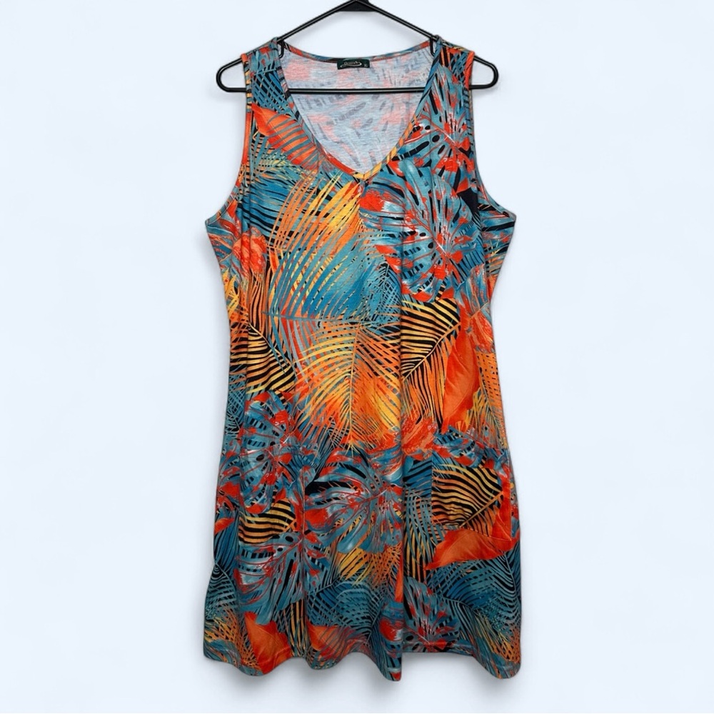 Ofeefan Tropical Printed V-Neck Sleeveless Mini Dress with Pockets Size XL